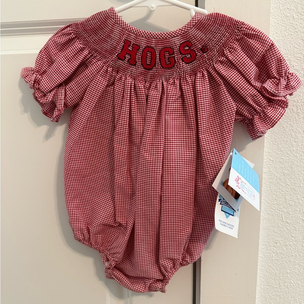 Red Gingham Baby Romper with Hogs Embroidery